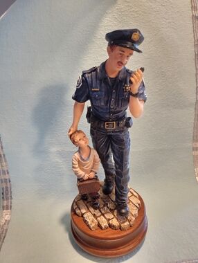 Musical Blue Police Officer and Child Decorative Figurine - Home Art